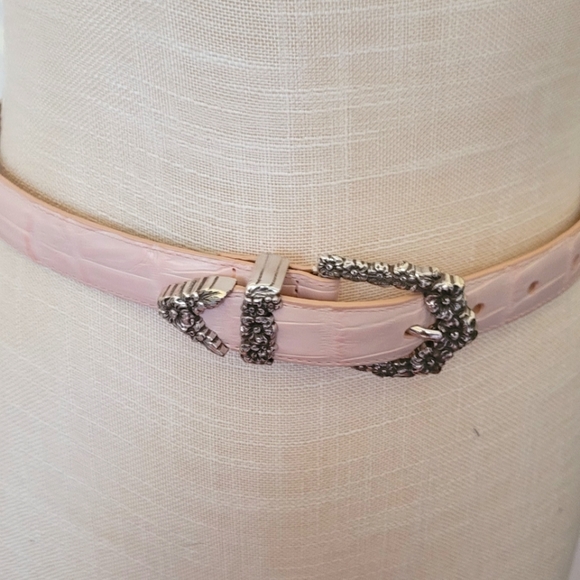 Brighton Accessories - Brighton Pale Pink Silver Flower Buckle Belt Croc Embossed Leather Small